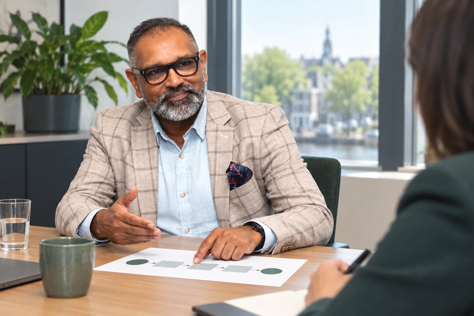 Illustratieve scène met Anil Jagroep in gesprek over processen